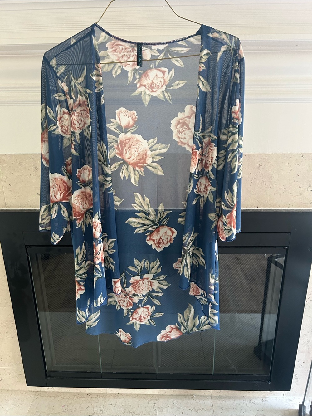 Ashley Blue Floral Mesh Open-Front Kimono Cardigan - Blue/Pink